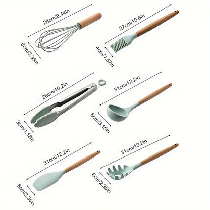 12pcs/set, Brodark, Silicone Cooking Utensils Set With Wooden Handle, Colorful Non-stick Pot Special Cooking Tools Set, Heat Resistant Turner, Tongs, Spatula, Spoon, Oil Brush And Whisk, Kitchen Supplies, Suitable For Restaur