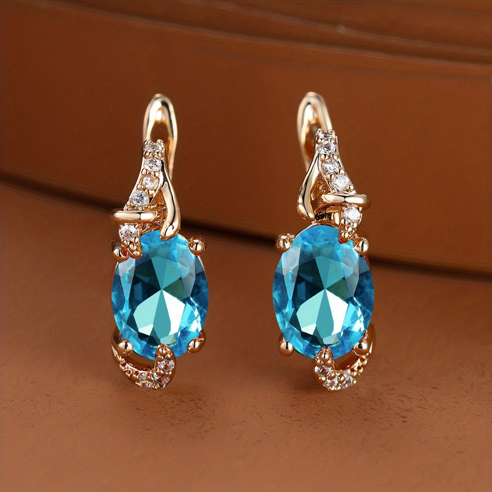Women's 18K Gold Plated Blue Stone Stud Earrings - Elegant Round Oval Cut, Synthetic Cubic Zirconia, Copper Ear Needle - All-Season Jewelry | Trendy Design | Durable Plating