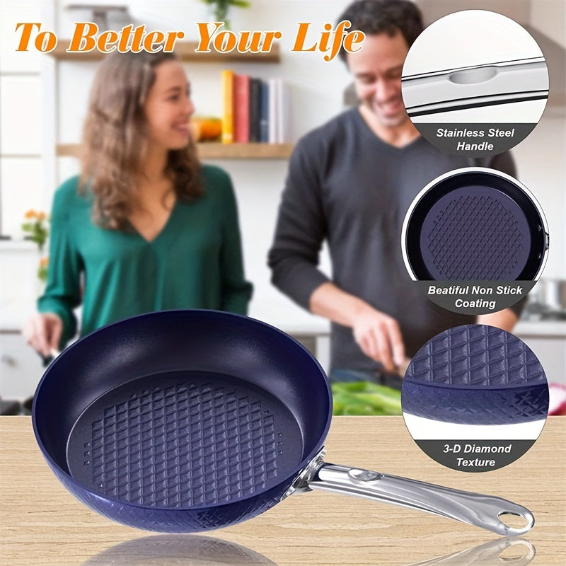 1set Kitchen Cookware Sets, Nonstick Ceramic Blue 1.2 Quart Pot Saucepan With Lid, 8 Inch Small Frying Pan And 9.5 Hard Anodized Frying Skillet Pan, Induction Nonstick Ceramic Flying Cooking Pan Stock Pot