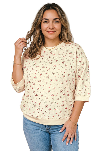 Beige Floral Print Colorblock Cuffs Hem Plus Size Blouse