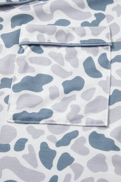 Beige Camouflage Print Lapel Shirt Drawstring 2pcs Short Pajama Set