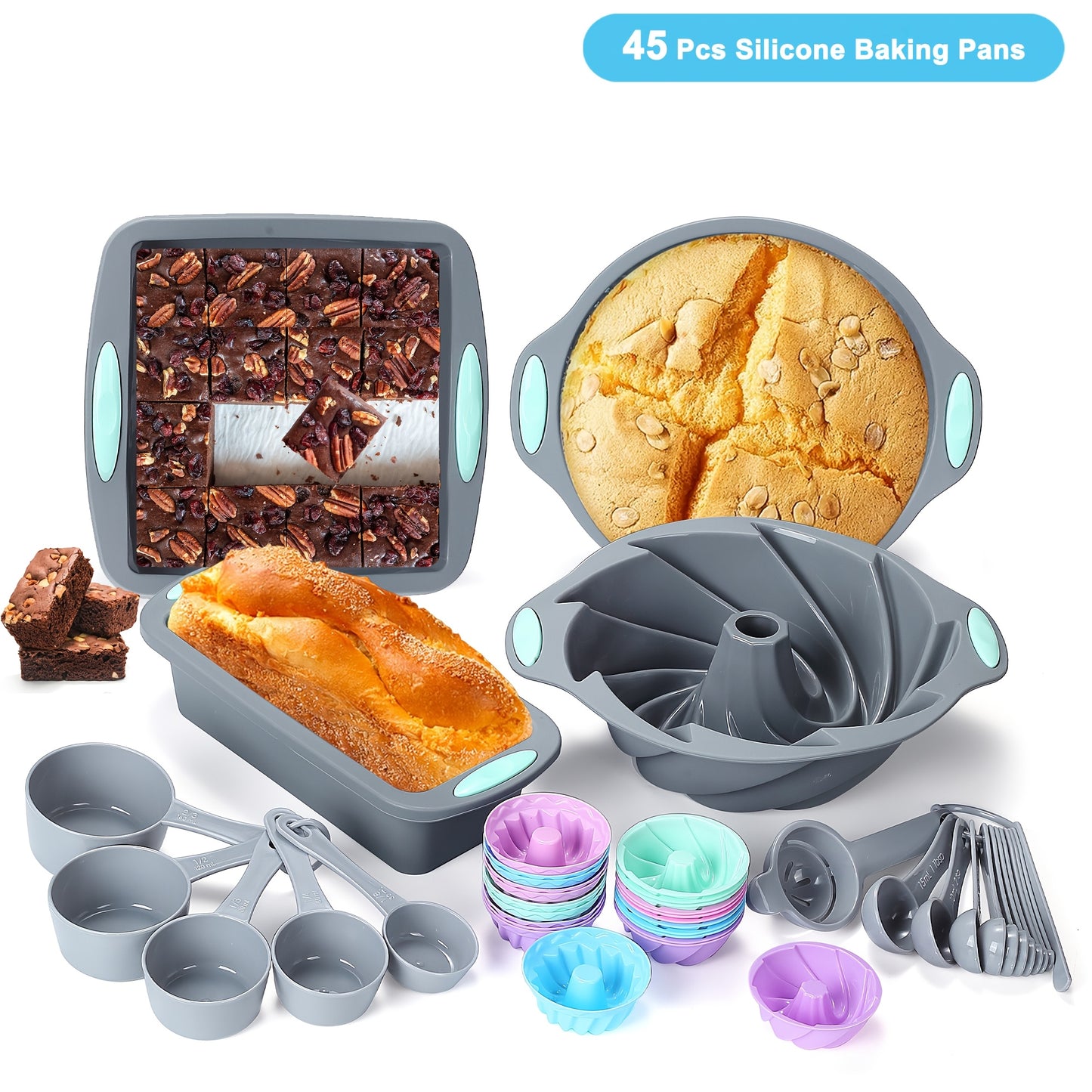 45pcs Silicone Baking Set, Nonstick Bakeware Set Baking Cookie Sheets Cake Muffin Bread Pan, Loaf Pan, Cake Pan, Pizza Pan, Mini Cupcake mold, Bundt pan, Charlotte Cake Pan, Measuring Cup and Spoon
