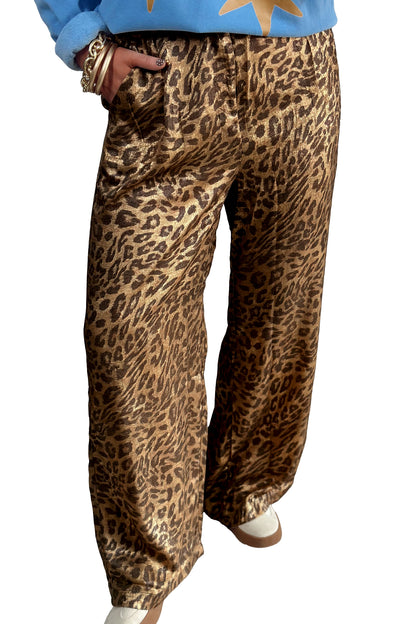 Multicolour Leopard Print Western Style Wide Leg Full Length Pants