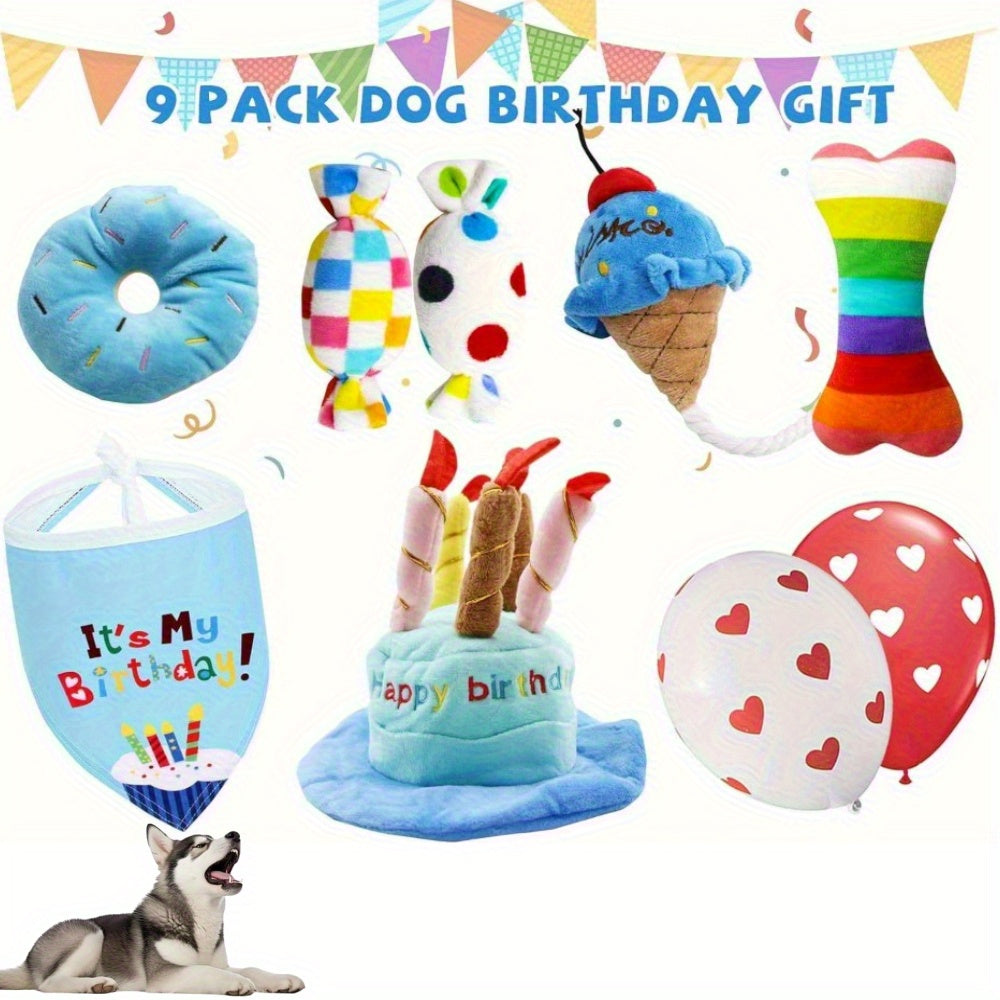 9 Pack Dog Chew Toys Interactive Pickup Toys Dog Birthday Toy Set, 9 Puppy Plush Pet Toys, Including Squeaky Cake Hat, Headscarf, Dessert Themed Toys, Balloons, Dog Birthday Party