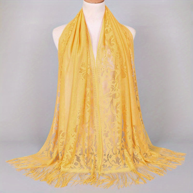 [Floral Lace Scarf With Tassels] Ladies Women's Floral Lace Scarf Shawl With Tassels, Soft Mesh Fringe Wraps Bridal Shawl For Wedding Evening Party Dresses