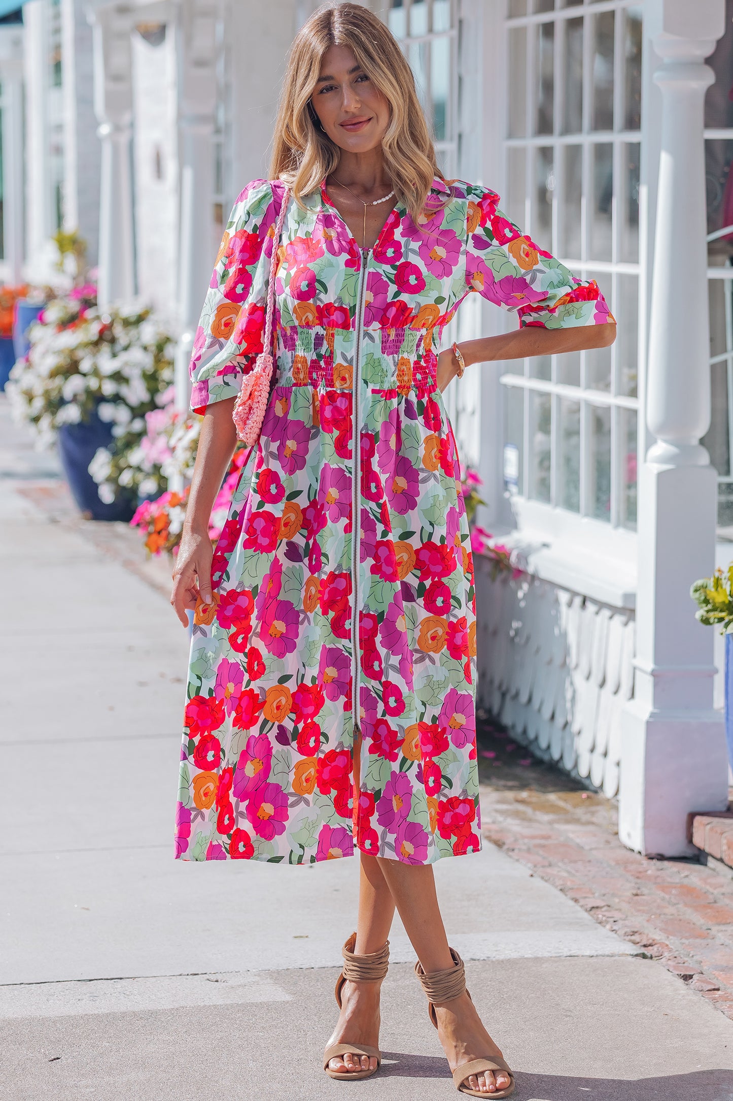 Rose Vibrant Floral Print V Neck Zip Up Puffy Half Sleeve Dress