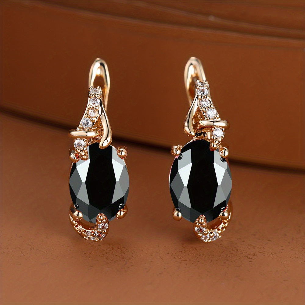 Women's 18K Gold Plated Blue Stone Stud Earrings - Elegant Round Oval Cut, Synthetic Cubic Zirconia, Copper Ear Needle - All-Season Jewelry | Trendy Design | Durable Plating