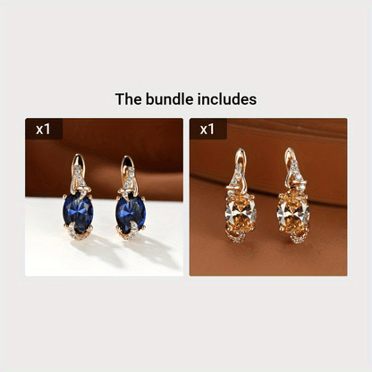 Women's 18K Gold Plated Blue Stone Stud Earrings - Elegant Round Oval Cut, Synthetic Cubic Zirconia, Copper Ear Needle - All-Season Jewelry | Trendy Design | Durable Plating