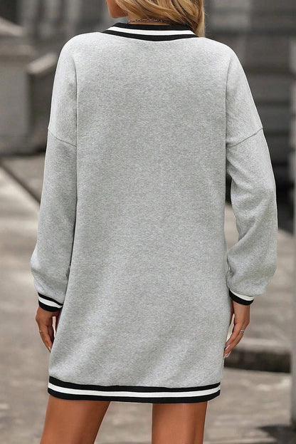 Light Grey Striped Trim V Neck Long Sleeve Preppy T Shirt Dress