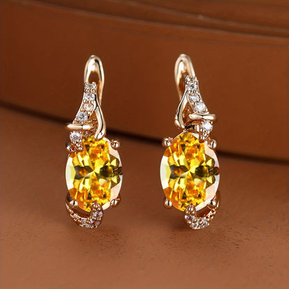 Women's 18K Gold Plated Blue Stone Stud Earrings - Elegant Round Oval Cut, Synthetic Cubic Zirconia, Copper Ear Needle - All-Season Jewelry | Trendy Design | Durable Plating