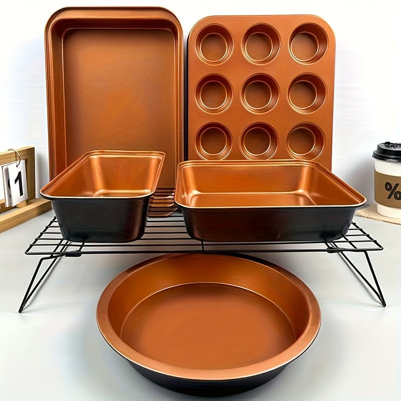 5pcs/set, Nonstick Bakeware Set, Baking Pans Set With Round Cake Pan, Square Cake Pan, Loaf Pan, Muffin Pan & Roasting Pan, Baking Sheet Set Dishwasher Safe Easy Clean For Oven Safe