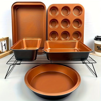 5pcs/set, Nonstick Bakeware Set, Baking Pans Set With Round Cake Pan, Square Cake Pan, Loaf Pan, Muffin Pan & Roasting Pan, Baking Sheet Set Dishwasher Safe Easy Clean For Oven Safe