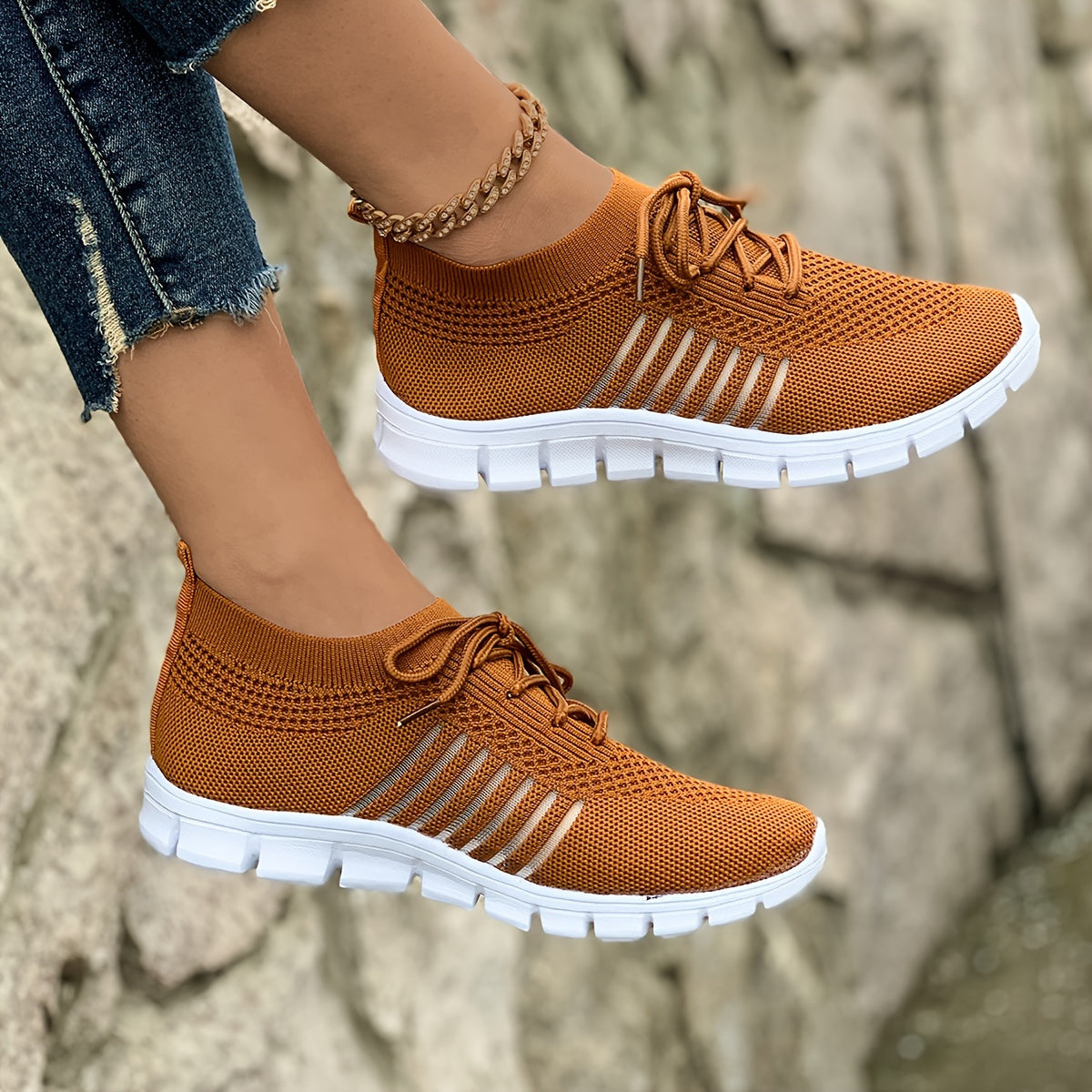 Women's Lightweight Knit Sneakers, Breathable Low-Top Lace-Up Casual Running Footwear, Fabric Upper and PU Cover Sole, Vibrant Color Sneakers, Versatile Running Shoes