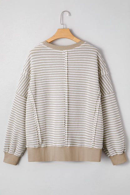 Brown Stripe Ribbed Trim Drop Shoulder Long Sleeve Oversize Top