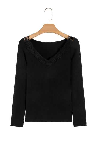 Black Lace Trim Elegant Neckline Long Sleeve Slim Top