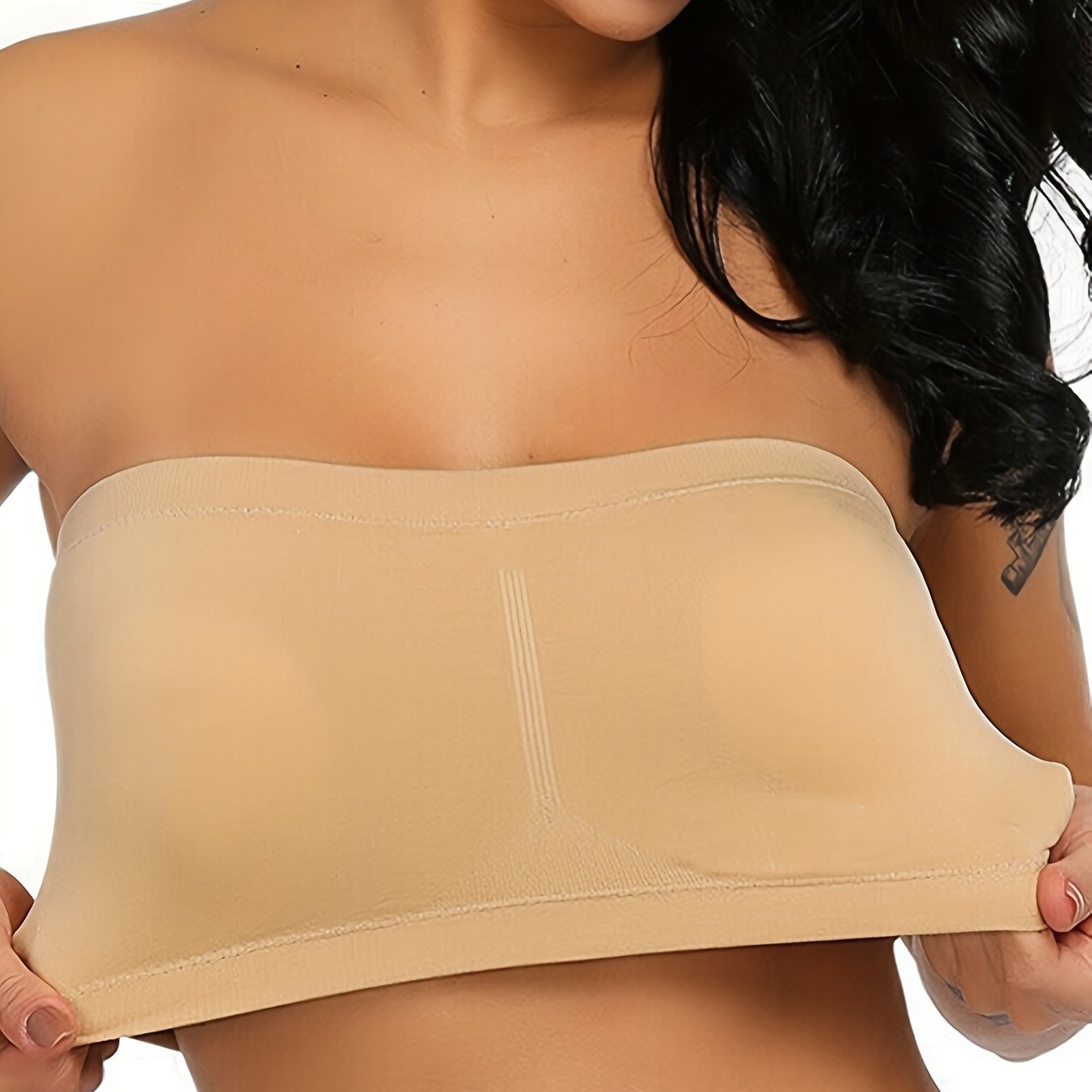 [Plus Size Strapless Bra] Plus Size Double-Layer Strapless Bra | Anti-Slip, Removable Pads, No Underwire, Seamless Smoothing, High Elasticity, Black Camisole Top | For Casual Attire, Comfortable Daily Wear, Offshoulder Fashio