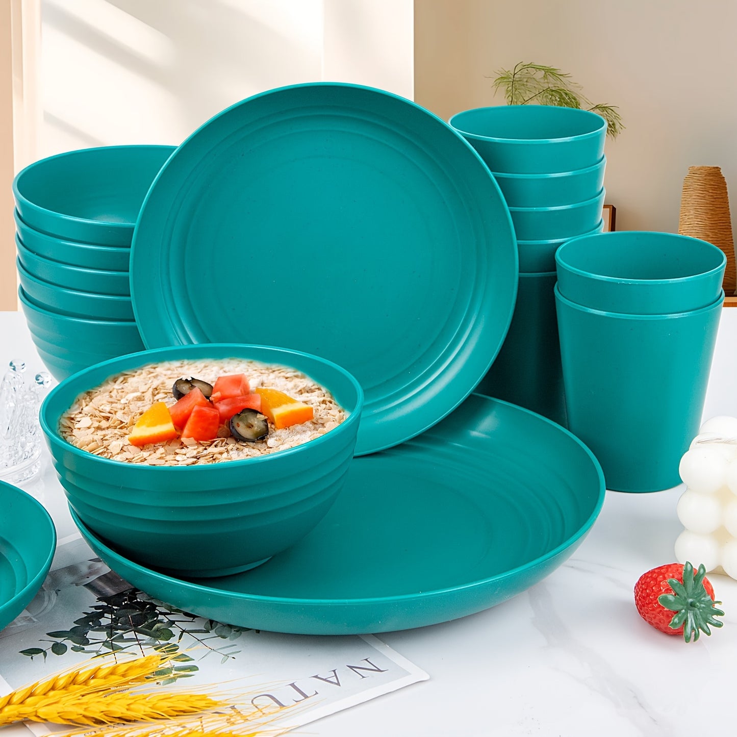 48pcs Gray Straw Dinnerware, Plates And Bowls Set, Camping Dish Set For 12, Plastic Dinnerware Set, Dishwasher Safe Gray Dinnerware Set, Unbreakable Plates, Camper Dish Sets, Reusable Tableware
