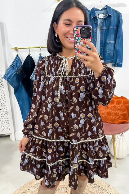Brown Floral Print Shirred V Neck Shift Dress