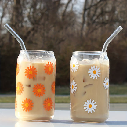 [Daisy Print Glass Tumbler] Reusable Floral Daisy Print Glass Tumbler with Lid and Straw - Hand Wash Only, Flower Theme Drinkware for Home Use, Ideal Halloween Gift
