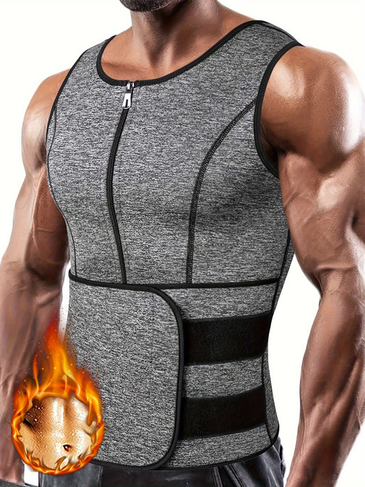 TKPARK Men's Adjustable Compression Tank Top & Waist Trainer - High-Elasticity Workout Shirt with Back Support, Sleeveless Gym Shaper Vest, Zipper Closure & Belt for Fitness Training, Fitness Compression Wear | Sleeveless Tan