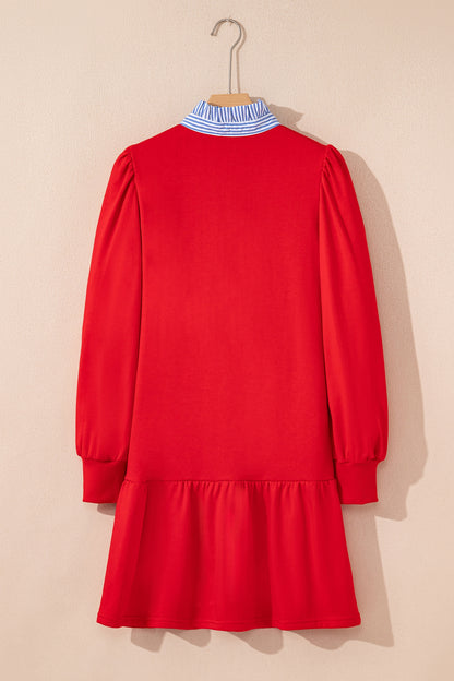Fiery Red Contrast Striped Collar Patchwork Puff Sleeve Ruffle Hem Mini Dress