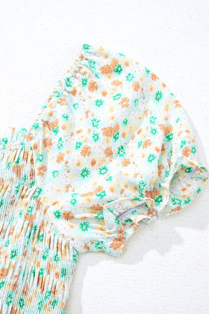 Green Floral Short Bubble Sleeve Shirred High Waist Maxi Dress