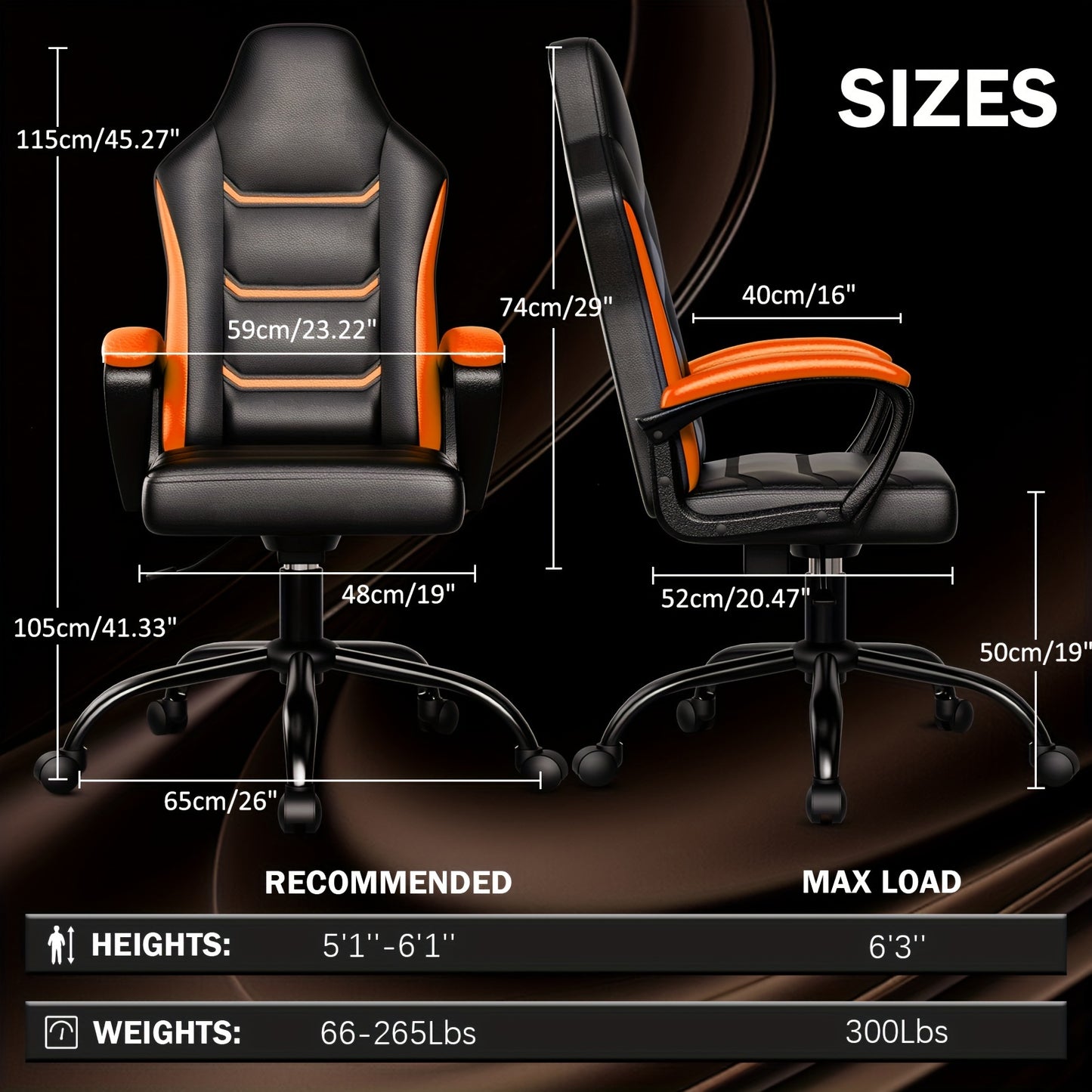 Ergonomic Computer Gaming Chair, Home Office Desk with PU Leather Lumbar Support, Height Adjustable Big and Tall Video Game, Swivel Wheels for Adults, Orange