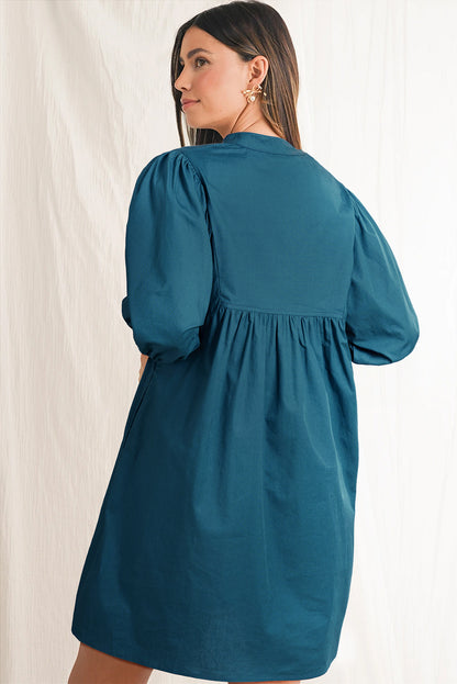 Blue Sapphire Colorblock Split V Neck Puff Sleeve Mini Dress