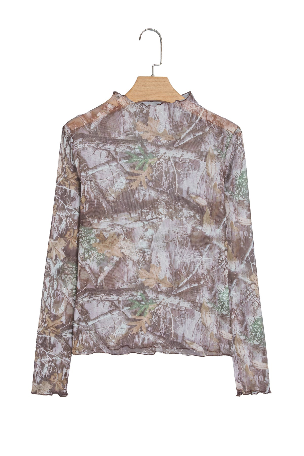 Smoke Gray Floral Print Slim Fit Mesh Long Sleeve Mock Neck Top