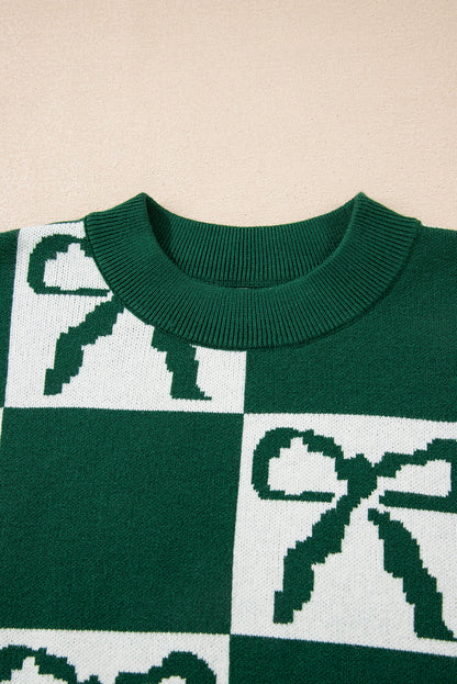 Blackish Green Checkered Bow Print Casual Sweater