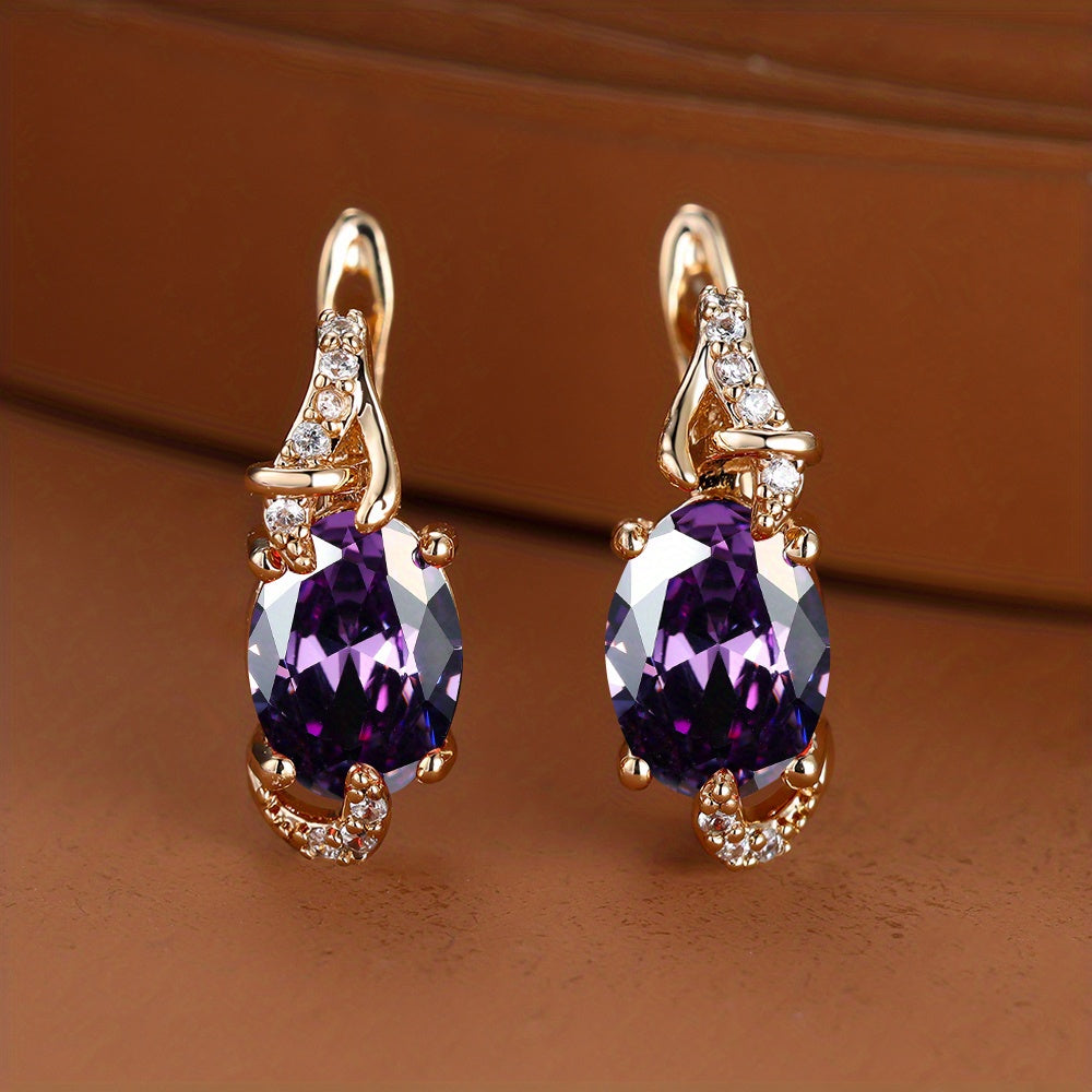 Women's 18K Gold Plated Blue Stone Stud Earrings - Elegant Round Oval Cut, Synthetic Cubic Zirconia, Copper Ear Needle - All-Season Jewelry | Trendy Design | Durable Plating