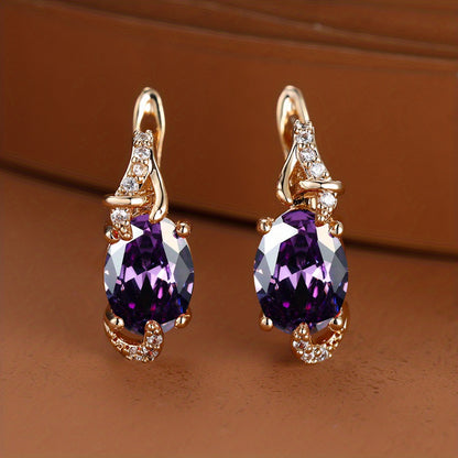 Women's 18K Gold Plated Blue Stone Stud Earrings - Elegant Round Oval Cut, Synthetic Cubic Zirconia, Copper Ear Needle - All-Season Jewelry | Trendy Design | Durable Plating
