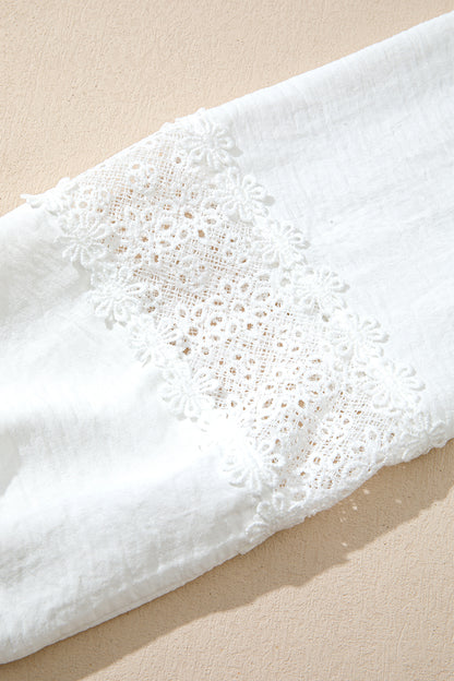 White Solid Color Floral Guipure Lace Patchwork Frilled Long Sleeve Blouse