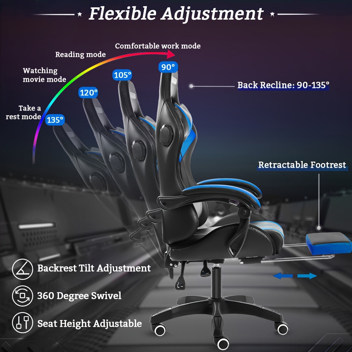 LED Gaming Chair With Wireless Speakers And Massage Big And Tall Video Game Chair For 397lbs With Footrest Reclining High Back Computer Desk Chair