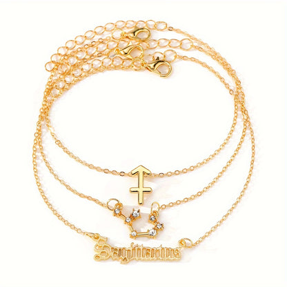 3 Pieces/ Set Golden Zodiac Anklets Set, Bohemian Elegant Ladies Multi-Piece Chain, Fashion Astrological Sign Charms For Women
