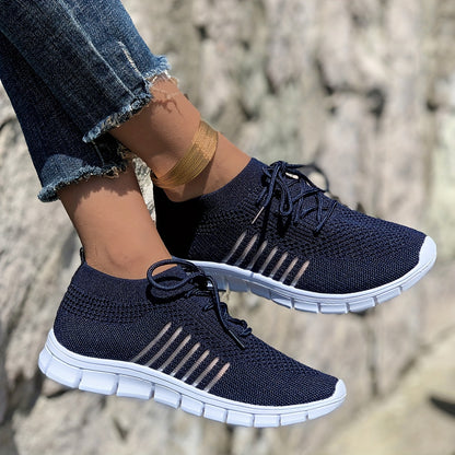 Women's Lightweight Knit Sneakers, Breathable Low-Top Lace-Up Casual Running Footwear, Fabric Upper and PU Cover Sole, Vibrant Color Sneakers, Versatile Running Shoes