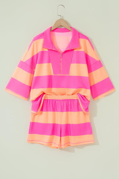 Yellow Stripe Half Zipper Placket Bracelet Sleeve Top Casual Shorts Set