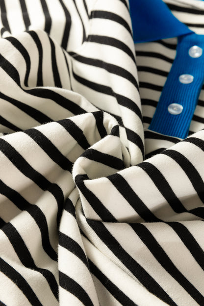 Black Stripe Color Block Patchwork Button Polo Collar Side Slit Sweatshirt