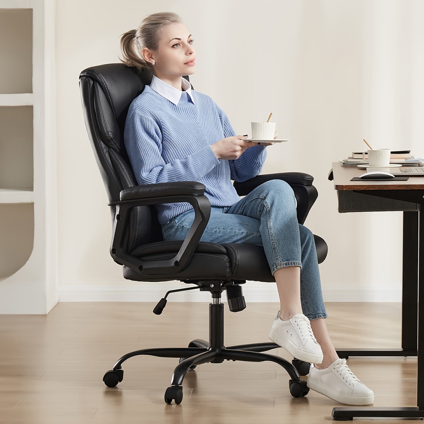 Home Office Chair, Adjustable Swivel Rolling Computer Gaming Chair with Fixed Armrests, Leather Lumbar Support Desk Chair with Wheels