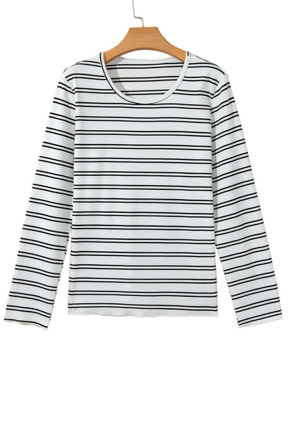 Beige Stripe Ribbed Knit Round Neck Long Sleeve Top