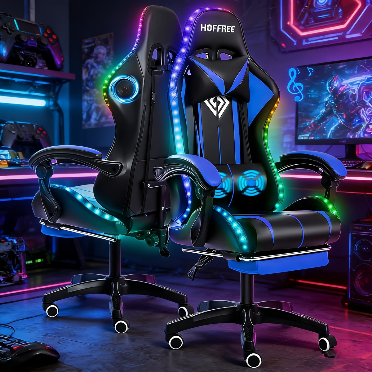LED Gaming Chair With Wireless Speakers And Massage Big And Tall Video Game Chair For 397lbs With Footrest Reclining High Back Computer Desk Chair