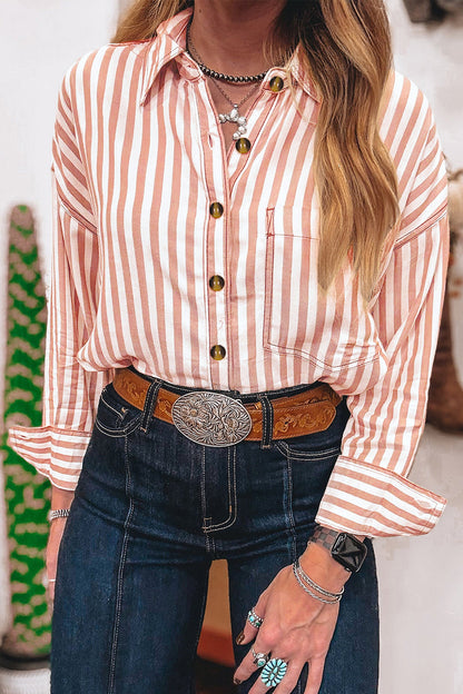 Brown Stripe Western Button Down Long Sleeve Casual Shirt