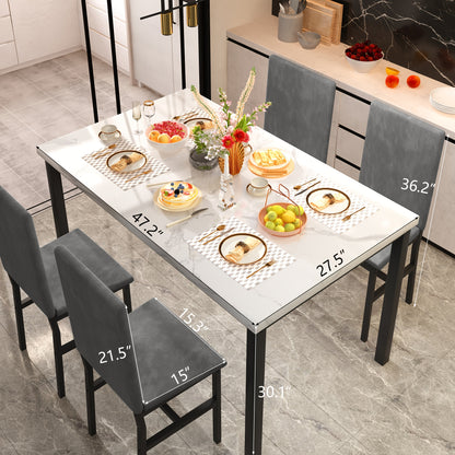 5 Piece Dining Table & Chair Set with 4 Velvet Upholstered and Density Sponge Padded Dining Chairs, Modern Style Kitchen Table Furniture Set with Faux Marble Table Top, 4-Person Metal and Wood Breakfast Nook Dinette Set for K