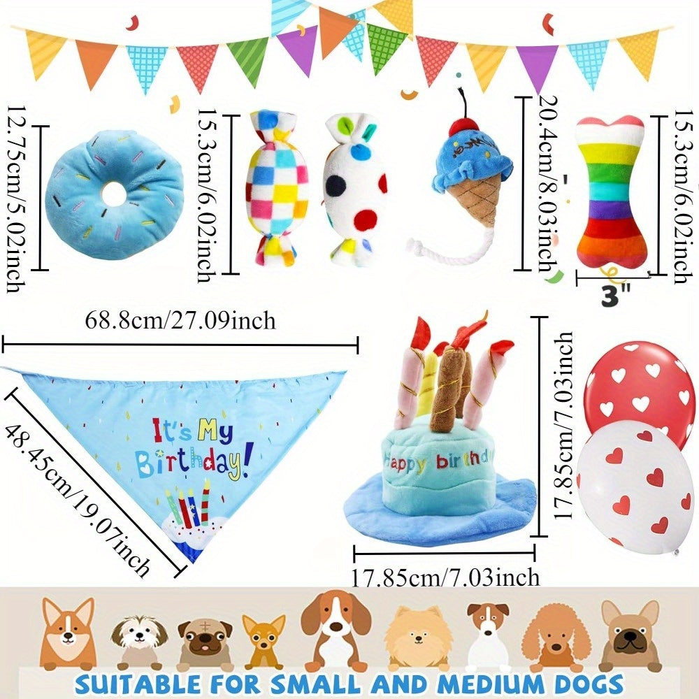 9 Pack Dog Chew Toys Interactive Pickup Toys Dog Birthday Toy Set, 9 Puppy Plush Pet Toys, Including Squeaky Cake Hat, Headscarf, Dessert Themed Toys, Balloons, Dog Birthday Party