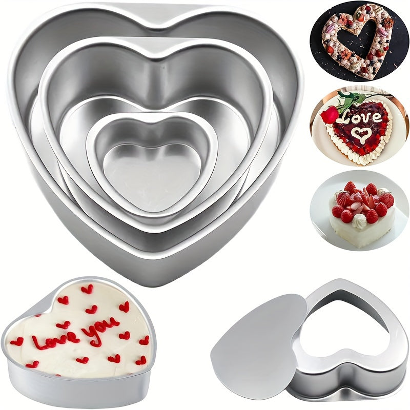 3-Piece Heart-Shaped Cake Pan Set with Removable Bottoms - Aluminum Bakeware for Birthdays, Christmas, Mother's Day, Graduation, Juneteenth, 4th of July - Manual, Non-Stick, 4/6/8 Inch