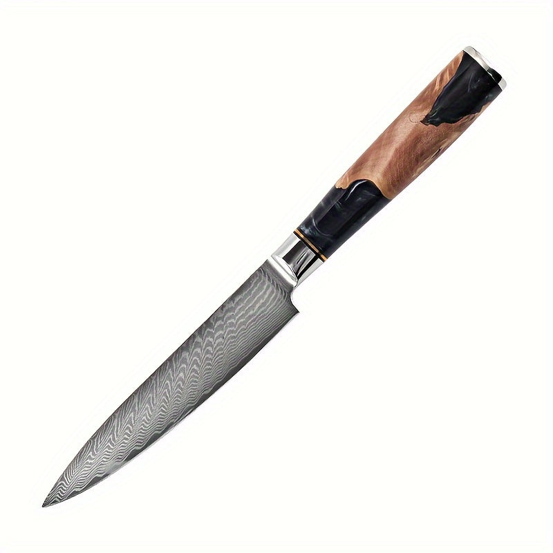Damascus Steel Black Resin Handle Kitchen Knives. Chef's Knife, Bread Knife, Meat Cutter, Multipurpose Knife, Paring Knife, Paring Knife. Light And Easy To Use, Easy To Clean, Simple And Generous. Good Kitchen Help