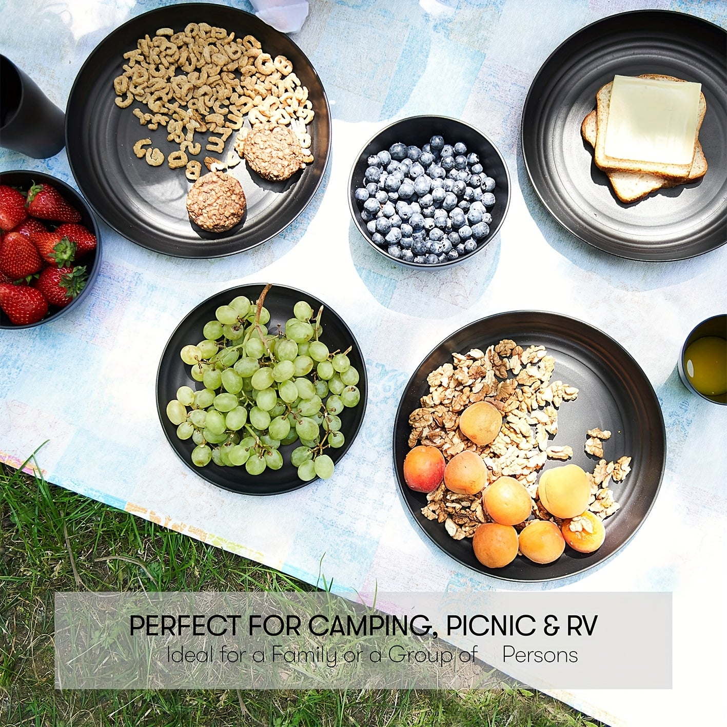 Premium Family Outdoor Dinnerware Set - 16 Unbreakable Pieces, Microwave - and Dishwasher - Safe, Black Set with 8 Plates, 4 Bowls and 4 Cups