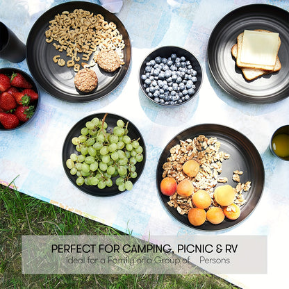 Premium Family Outdoor Dinnerware Set - 16 Unbreakable Pieces, Microwave - and Dishwasher - Safe, Black Set with 8 Plates, 4 Bowls and 4 Cups