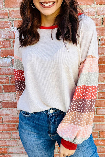 Jet Stream Contrast Leopard Color Block Sleeve Loose Pullover