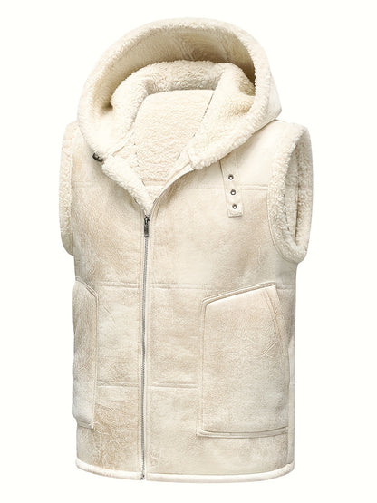 Men's Fleece-Lined Hooded Vest - Stylish Sleeveless Jacket with Zipper Pockets, Warm & Windproof for Casual Winter Wear, Olive Green, Daily Comfort Vest | Hooded Jacket | Functional Pockets